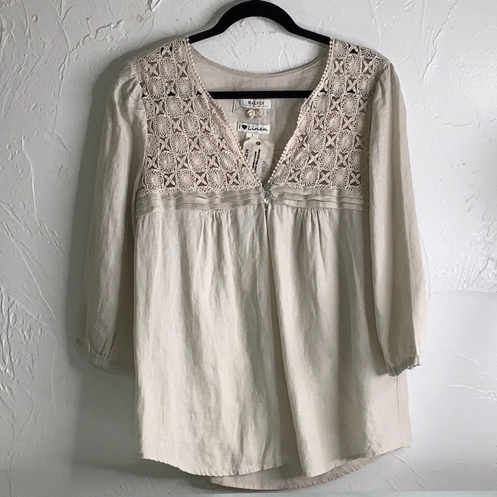 Malvin Hamburg Germany 100% Linen Crochet Oatmeal color blouse size large NWT